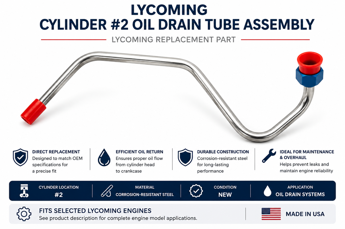Lycoming Cylinder #2 Oil Drain Tube Assembly | Fits Select IO-540, O-540, AEIO-540 & TIO-540 Engines