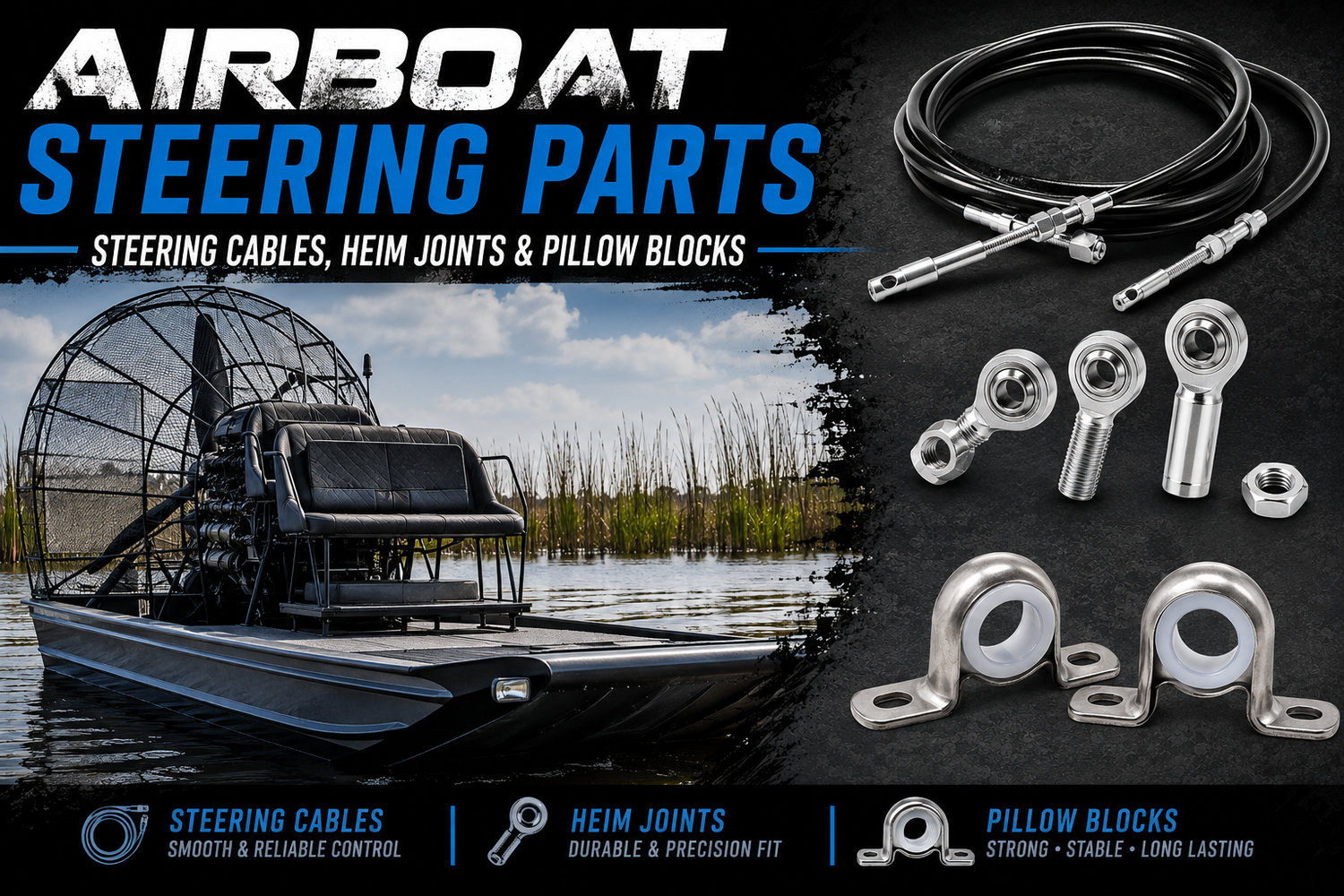 Airboat Steering Parts | Steering Cables, Heim Joints & Pillow Blocks