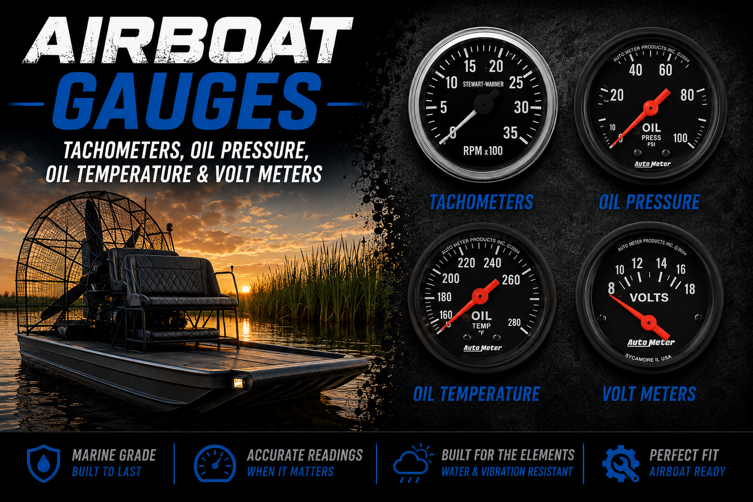 Airboat Gauges | Tachometers, Oil Pressure, Oil Temperature & Volt Meters