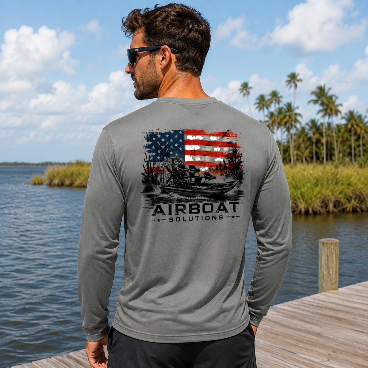 Airboat Solutions American Flag Airboat Performance Long Sleeve UV Shirt