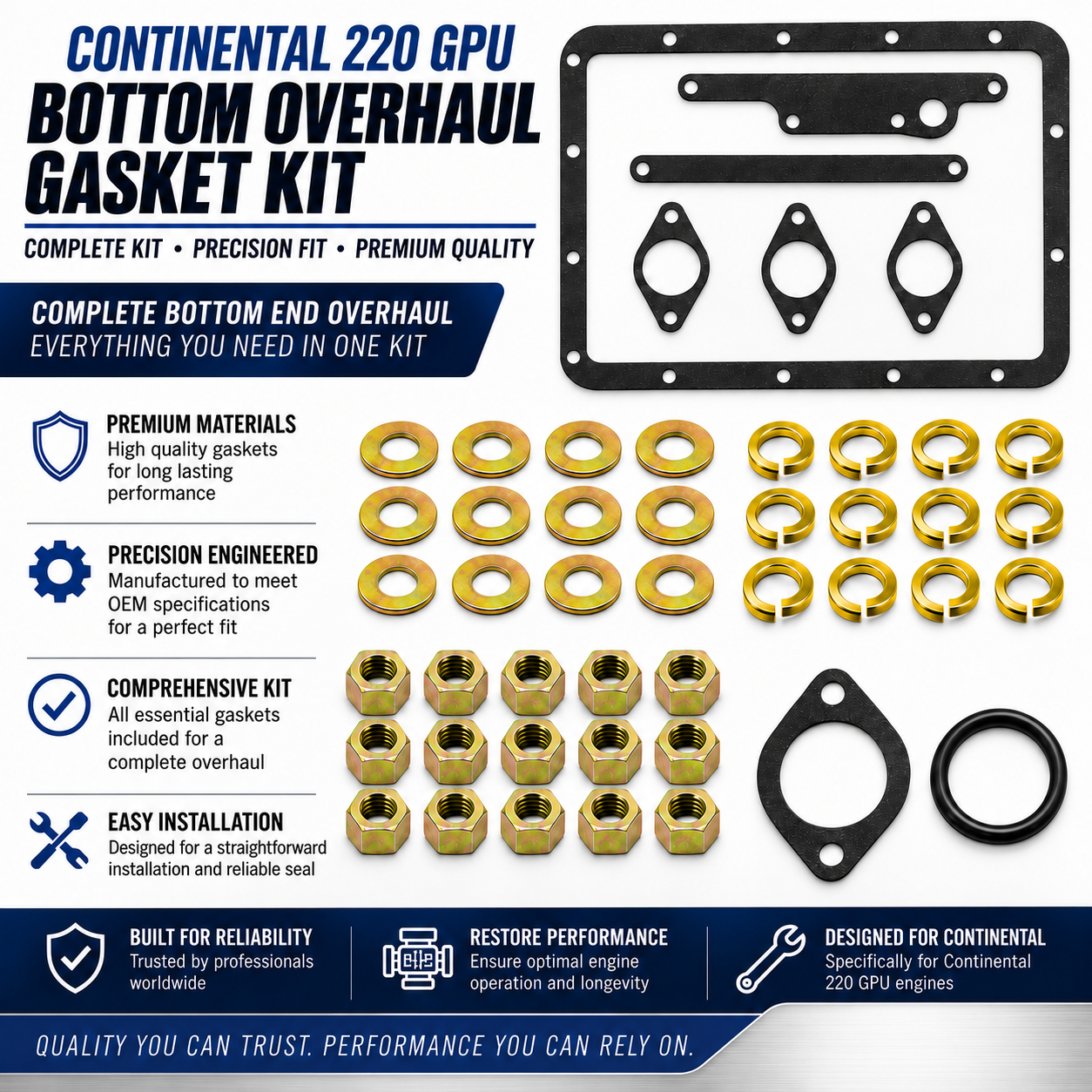 Continental 220 GPU Engine Complete Bottom Overhaul Gasket Kit